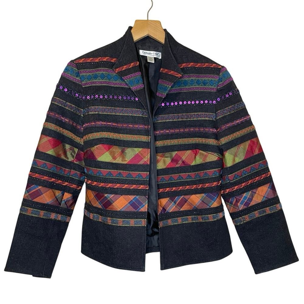 Coldwater Creek Boho Multicolored Embroidered Beaded Gray Open Front Jacket P4